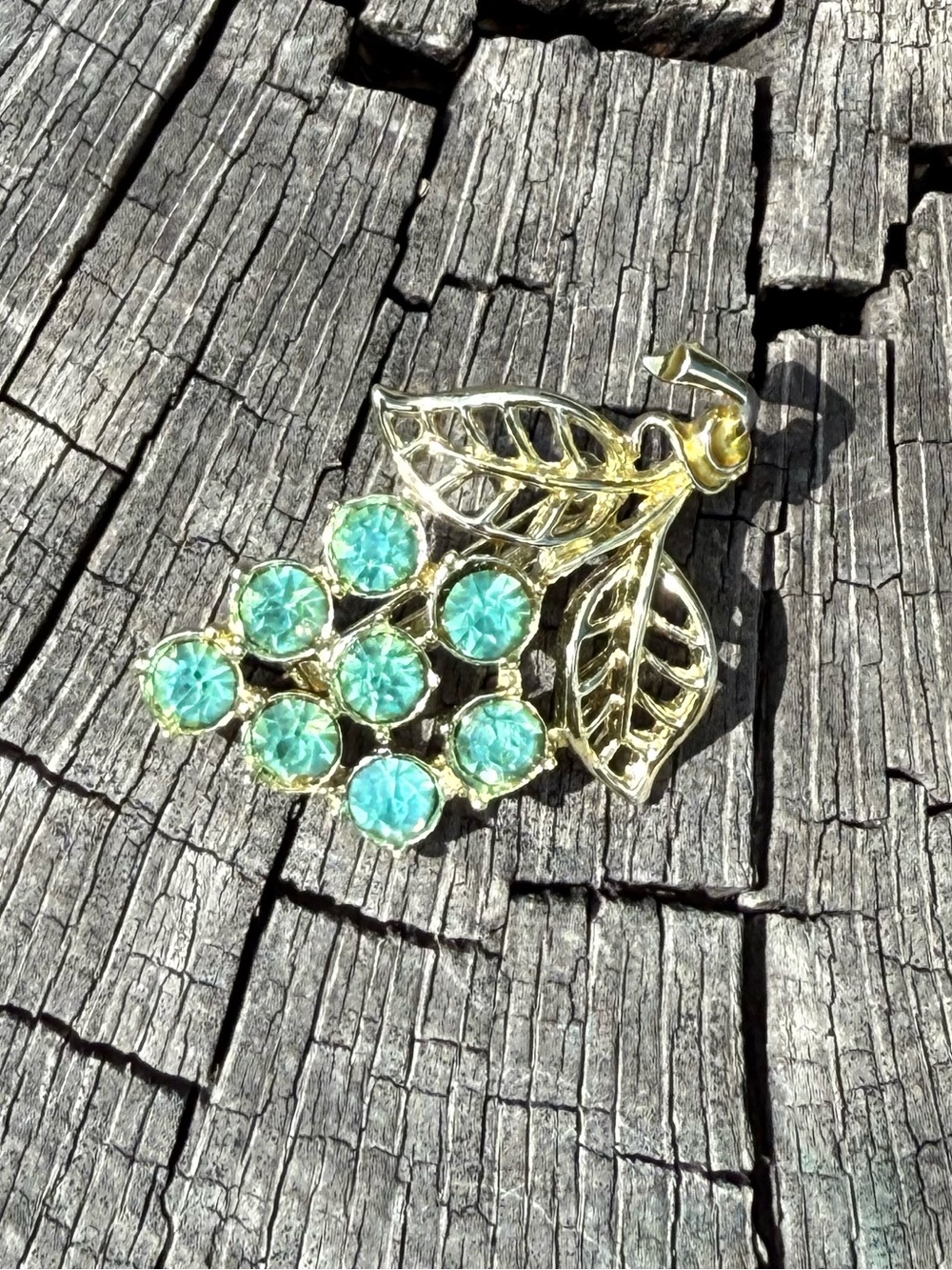 Vintage Gold-Tone Aqua Rhinestone Flower Brooch